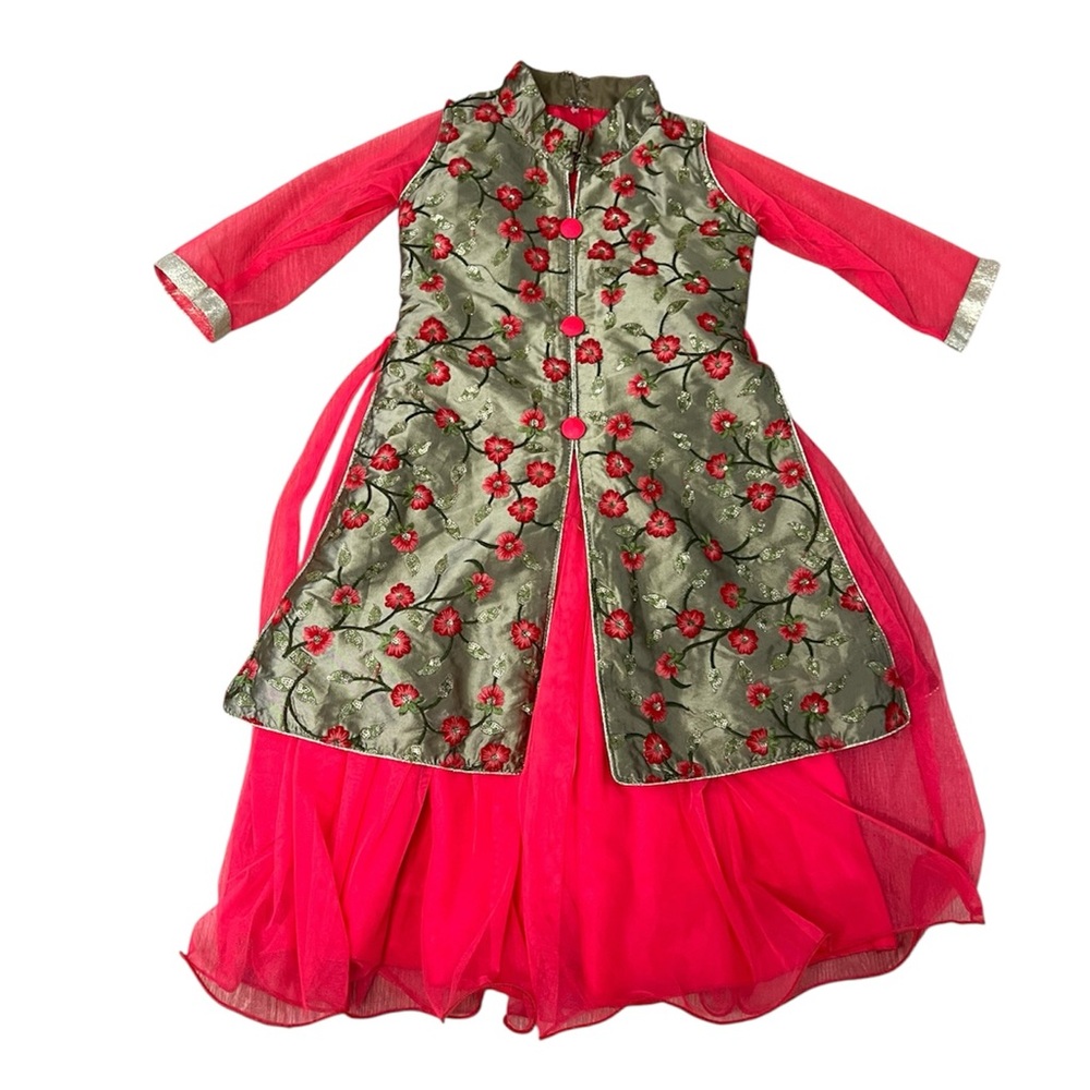 Vintage Girls Indian dress  M. Lucy coral and gold with flower embroidery
